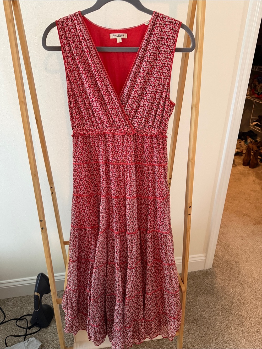 Max Studio Red Floral Wrap-Style Tiered Maxi Dress